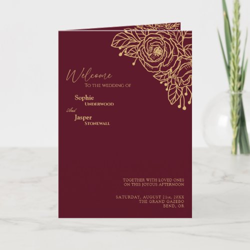 Burgundy Gold Floral Wedding Folded Program