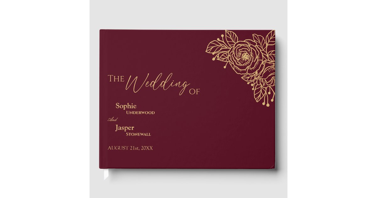 Burgundy Gold Floral Wedding Guest Book | Zazzle