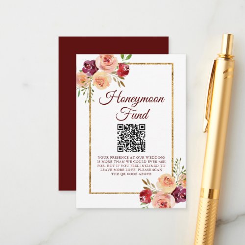 Burgundy Gold Floral Wedding Honeymoon Fund Enclosure Card