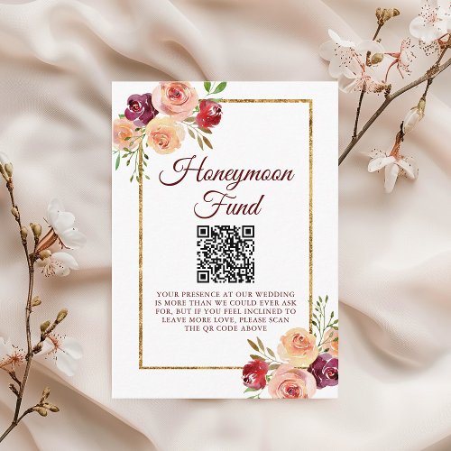 Burgundy Gold Floral Wedding Honeymoon Fund Enclosure Card