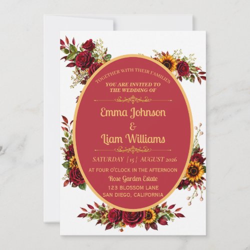 Burgundy Gold Floral Wedding Invitation