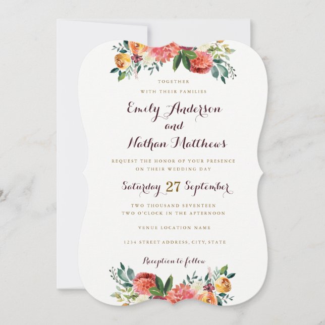 Burgundy Gold Floral Wedding Invitation (Front)