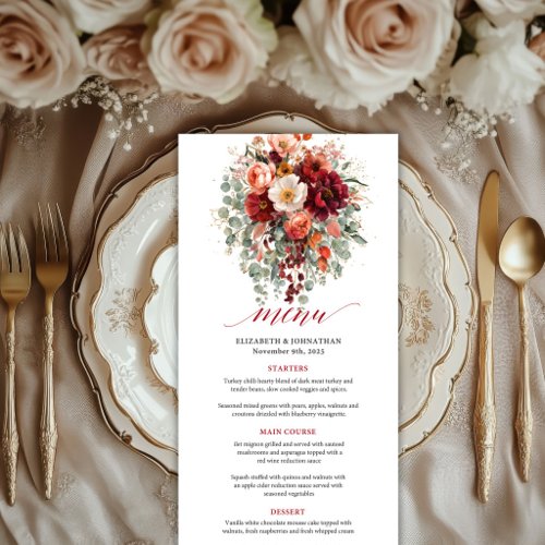 Burgundy Gold Floral Wedding Menu Deep Red Style