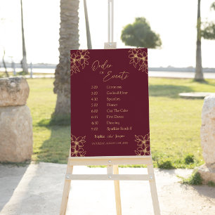 Burgundy Gold Floral Wedding Order Of Events Sign