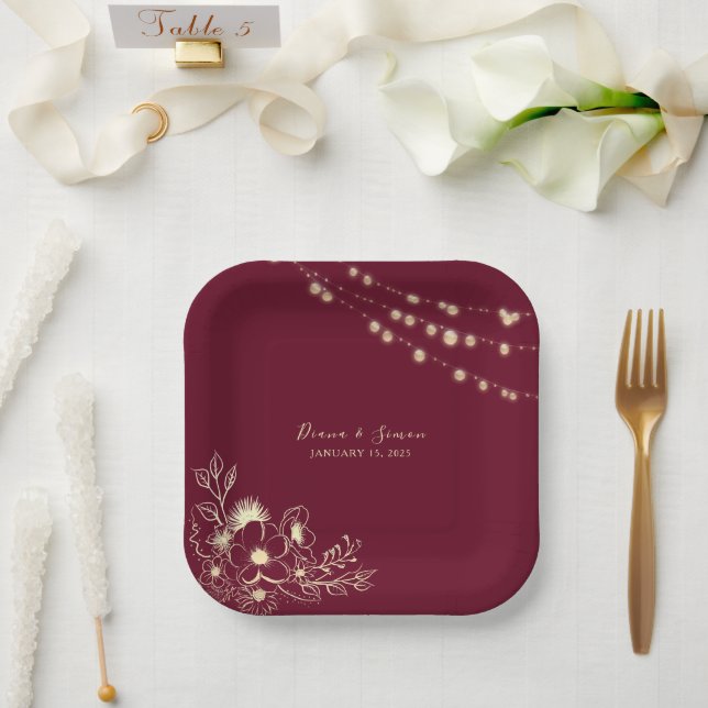 Burgundy Gold Floral Wedding Paper Plates (Wedding)