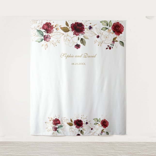 Burgundy Gold Floral Wedding Photo Booth Backdrop (Front)