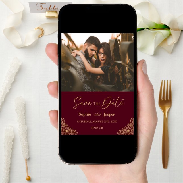 Burgundy Gold Floral Wedding Photo Save The Date (Front Digital)