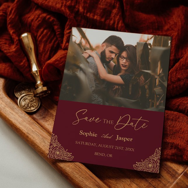 Burgundy Gold Floral Wedding Photo Save The Date (Creator Uploaded)