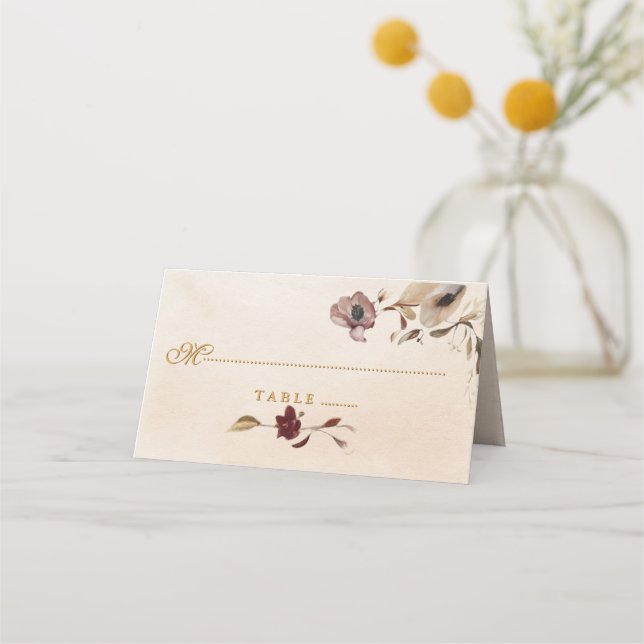 Burgundy Gold Floral Wedding Place Card (Front)