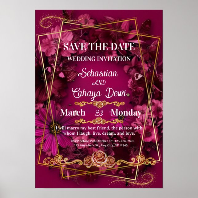 Burgundy Gold Floral Wedding Poster (Front)