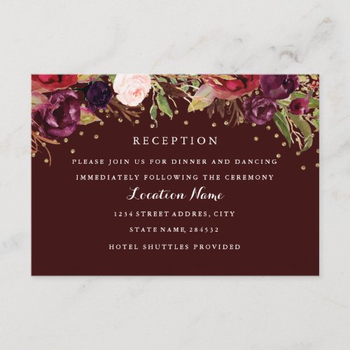 Burgundy Gold Floral Wedding Reception Card
