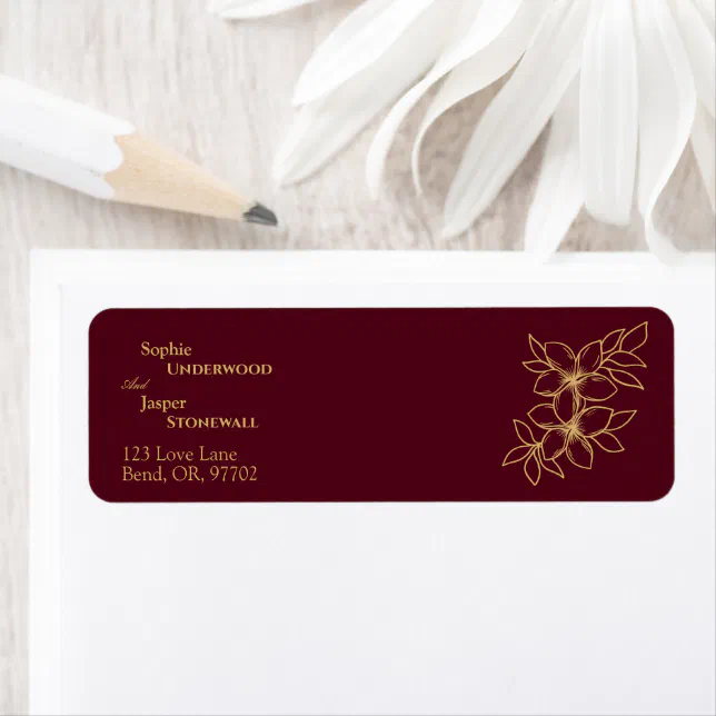 Burgundy Gold Floral Wedding Return Address Label | Zazzle