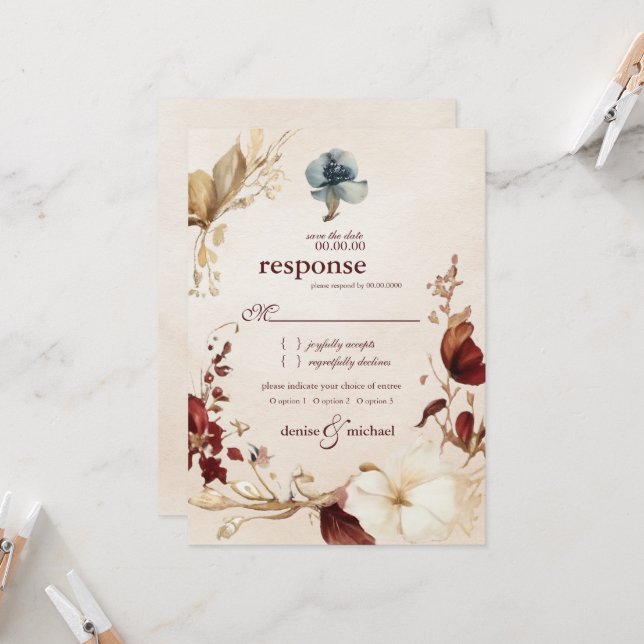 Burgundy Gold Floral Wedding RSVP Card (Front/Back In Situ)