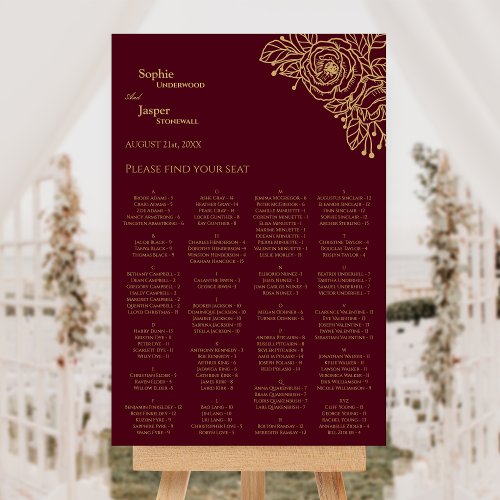 Burgundy Gold Floral Wedding Seating Chart Sign