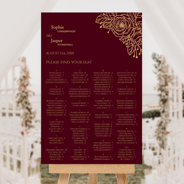 Burgundy Gold Floral Wedding Seating Chart Sign (Creator Uploaded)