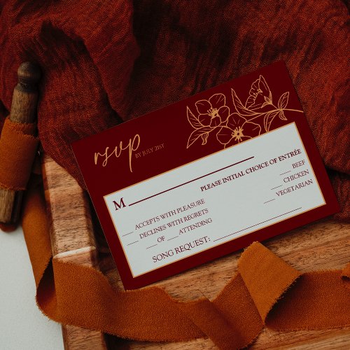 Burgundy Gold Floral Wedding Song Request RSVP Card