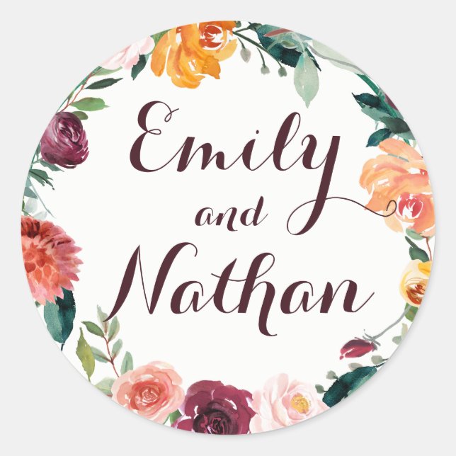 Burgundy Gold Floral Wedding Sticker (Front)