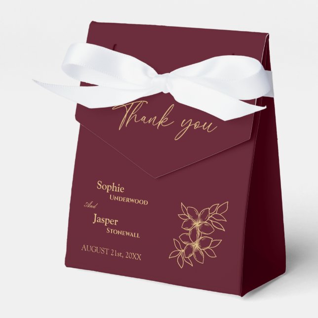 Burgundy Gold Floral Wedding Thank You Favor Box (Front Side)