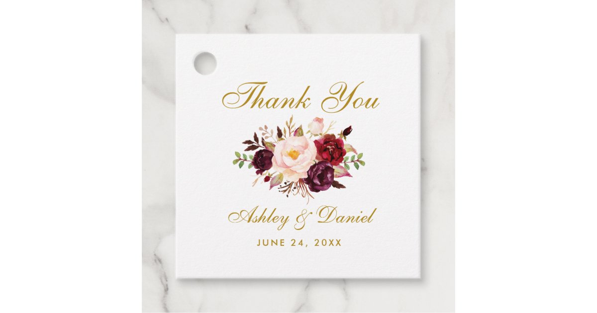 Burgundy Gold Floral Wedding Thank You Favor Tags | Zazzle