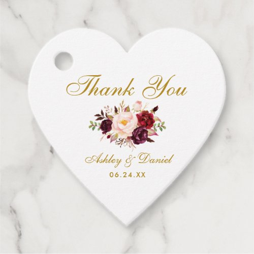Burgundy Gold Floral Wedding Thank You Heart Favor Tags
