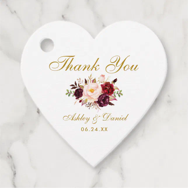 Burgundy Gold Floral Wedding Thank You Heart Favor Tags | Zazzle
