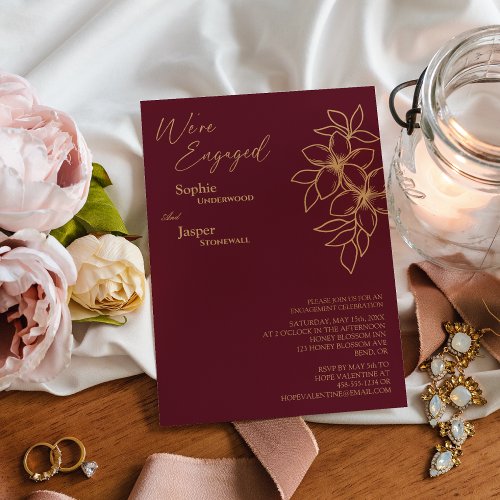 Burgundy Gold Floral Were Engaged Engagement Invitation