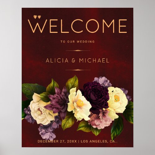 Burgundy gold floral winter wedding Welcome Sign