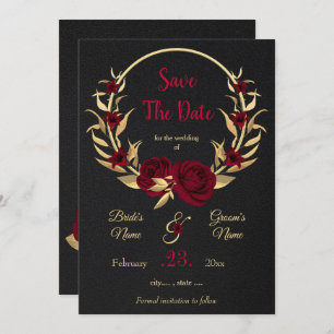 burgundy & gold floral wreath black save the date