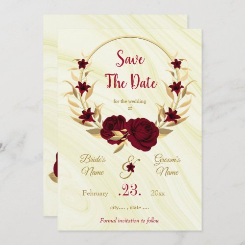 burgundy  gold floral wreath marble save the date