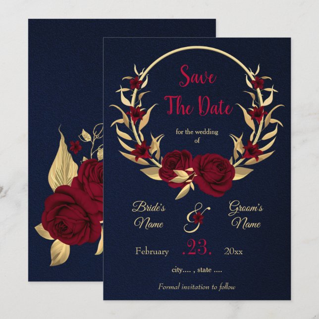 burgundy & gold floral wreath navy blue save the date (Front/Back)