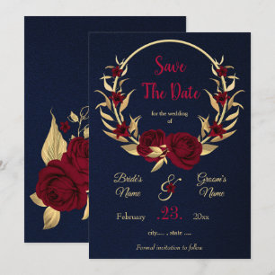 burgundy & gold floral wreath navy blue save the date