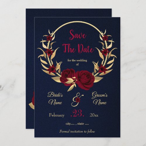 burgundy  gold floral wreath navy blue save the date