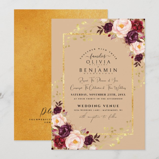 Burgundy Gold Florales Chic Foil Glitter Wedding I Invitation (Front/Back)