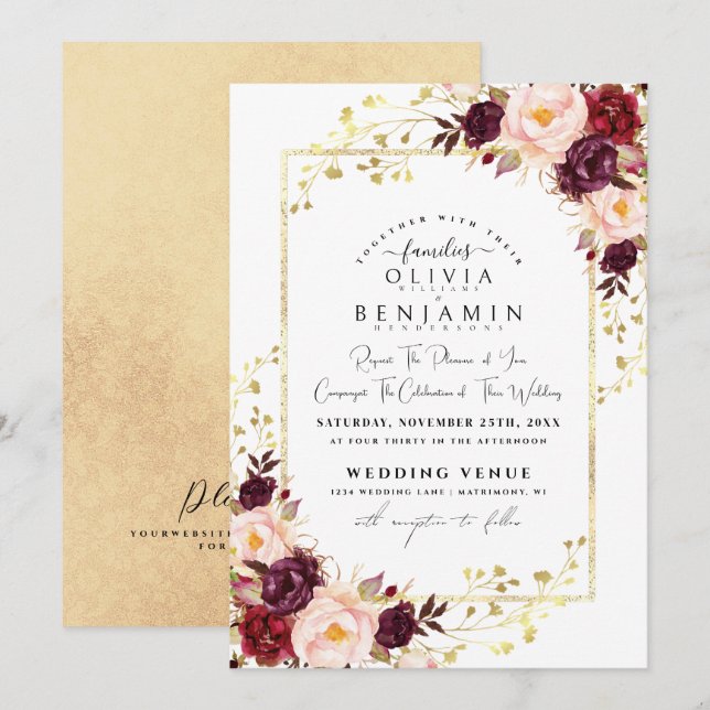 Burgundy Gold Florales Chic Foil Glitter Wedding Invitation (Front/Back)