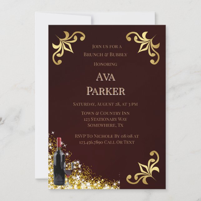 Burgundy Gold Flourish Glitter Brunch & Bubbly Invitation (Front)