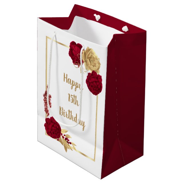burgundy & gold flowers elegant  medium gift bag (Front Angled)