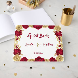 burgundy & gold flowers elegant wedding guest book