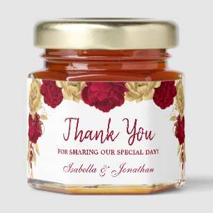 burgundy & gold flowers elegant wedding honey jar favors