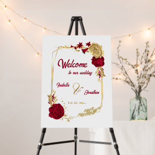 burgundy gold flowers elegant wedding welcome sign