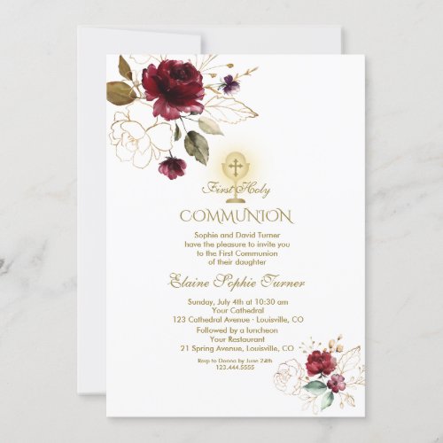 Burgundy Gold Flowers First Holy Communion Invitation
