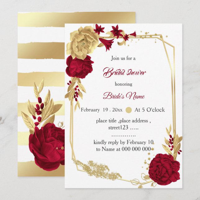 burgundy & gold flowers geometric bridal shower invitation (Front/Back)