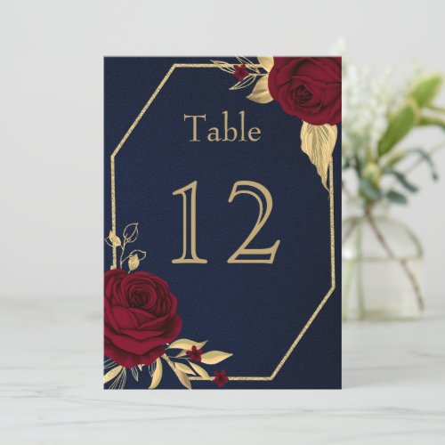 burgundy gold flowers geometric navy table number