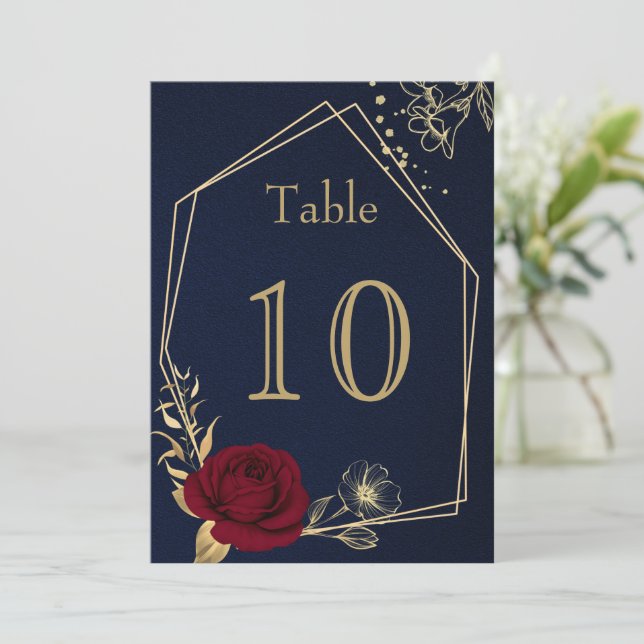 burgundy gold flowers geometric navy table number (Standing Front)