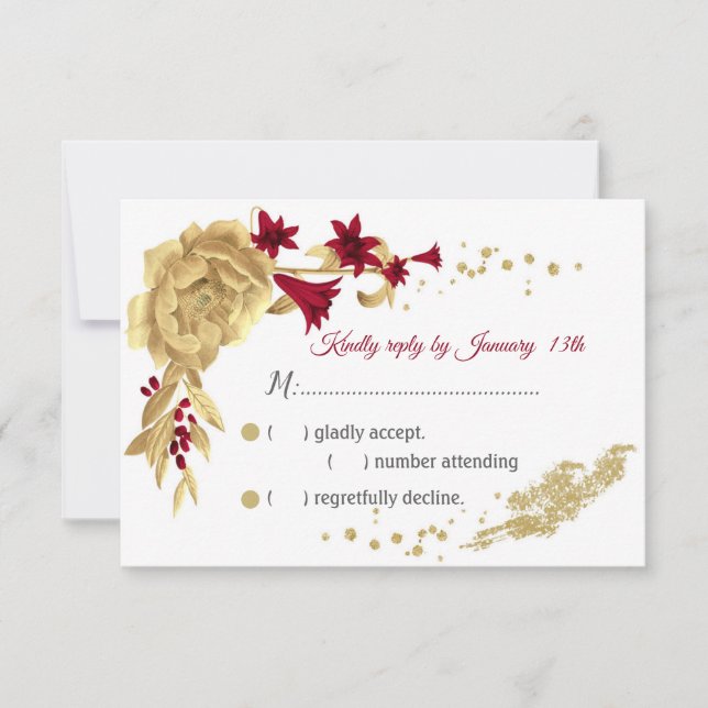 burgundy & gold  flowers & gold leaves RSVP card (Front)