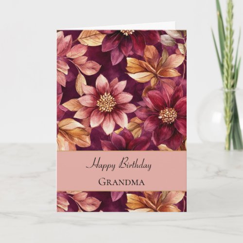 Burgundy Gold Flowers Leaves Birthday Card