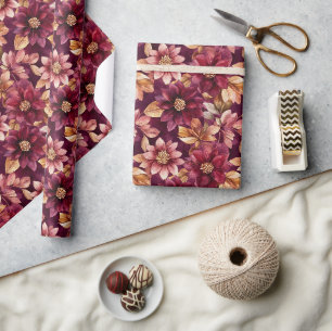 Burgundy Gold Flowers Leaves Birthday Wrapping Paper