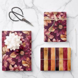 Burgundy Gold Flowers Leaves Stripes Birthday Wrapping Paper Sheets