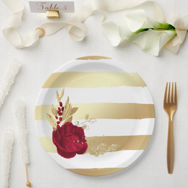 burgundy & gold flowers paper plates (Wedding)