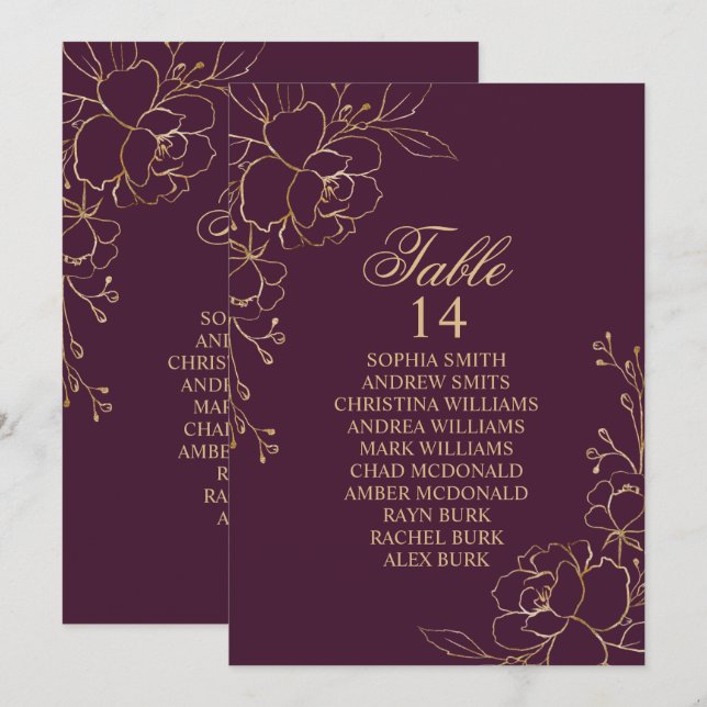 Burgundy & Gold Flowers Seating Chart Cards (Front/Back)