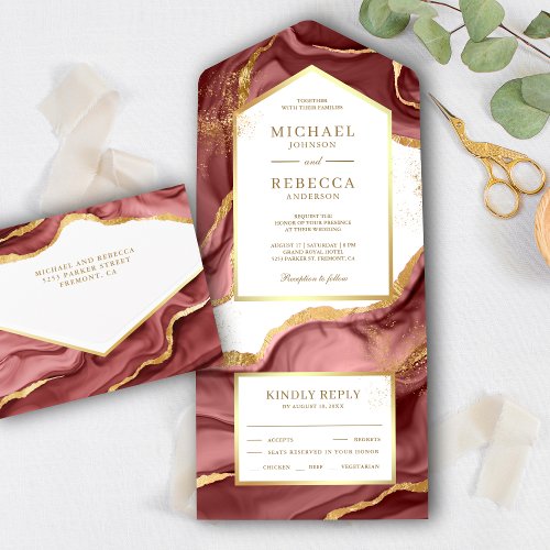 Burgundy Gold Foil Abstract Fluid Ink Wedding All In One Invitation